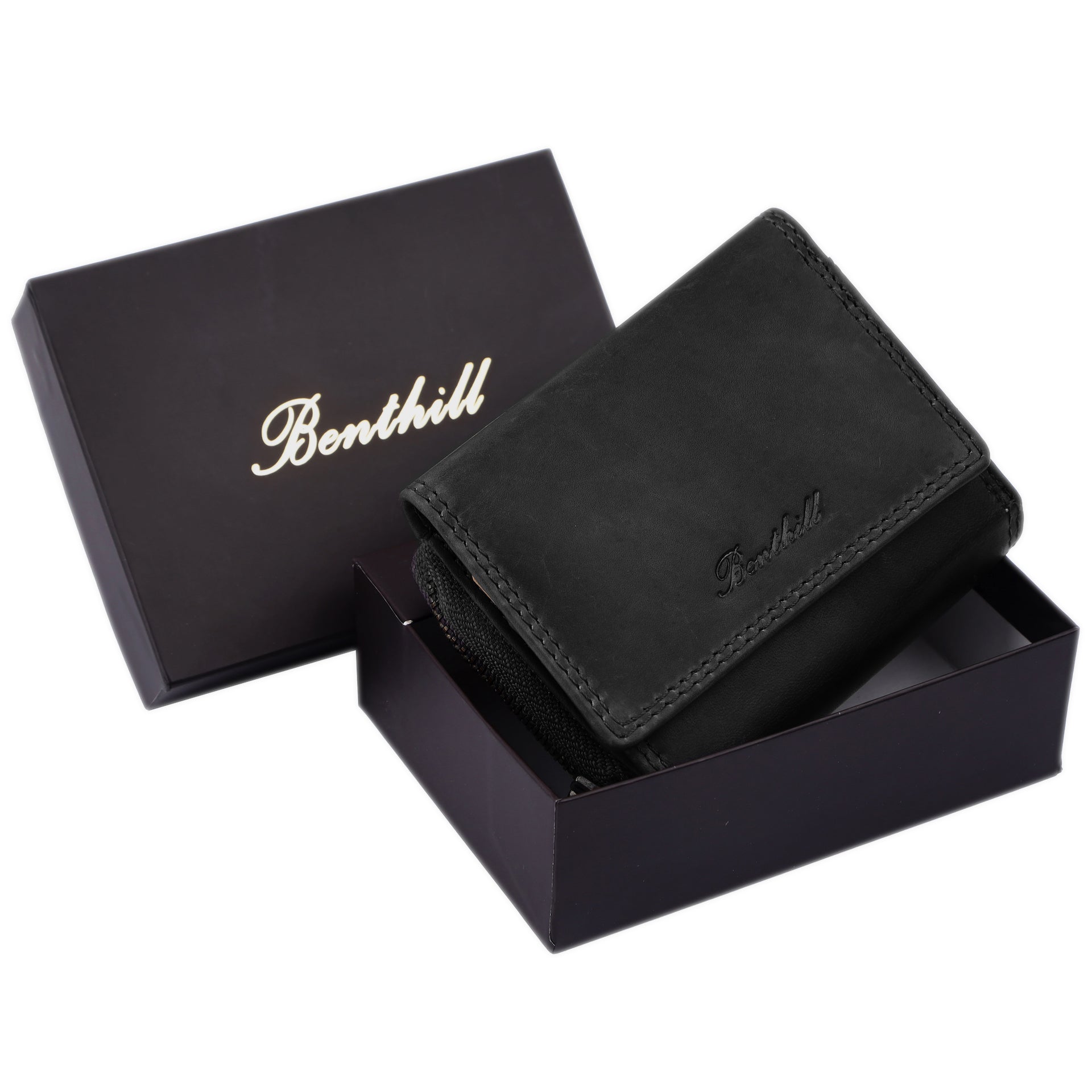 Benthill Kleine Geldbörse Leder RFID | Minibörse mit Münzfach & Scheinfach | Damen & Herren Mini Portemonnaie Echt Leder inkl. Geschenkbox