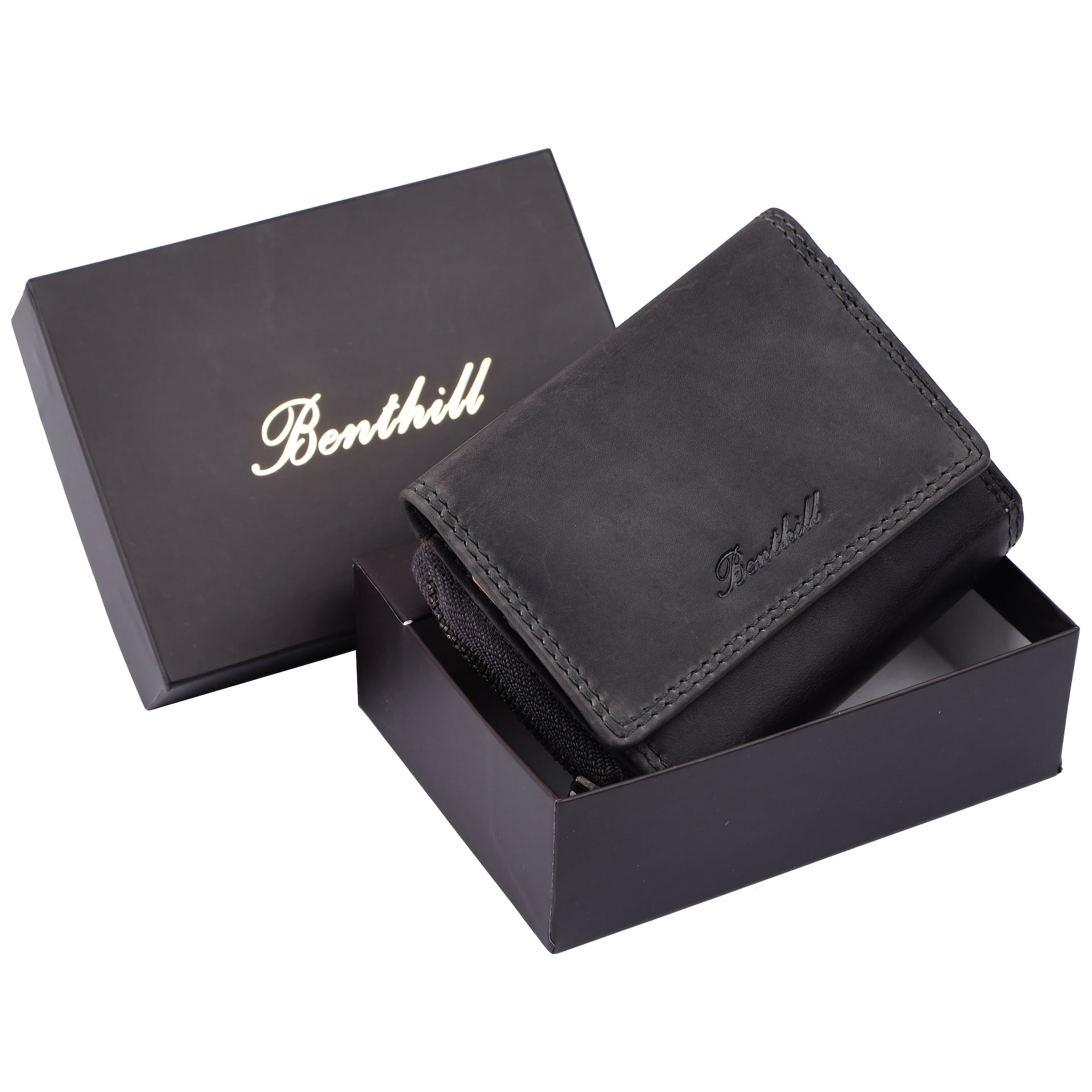 Benthill Kleine Geldbörse Leder RFID | Minibörse mit Münzfach & Scheinfach | Damen & Herren Mini Portemonnaie Echt Leder inkl. Geschenkbox