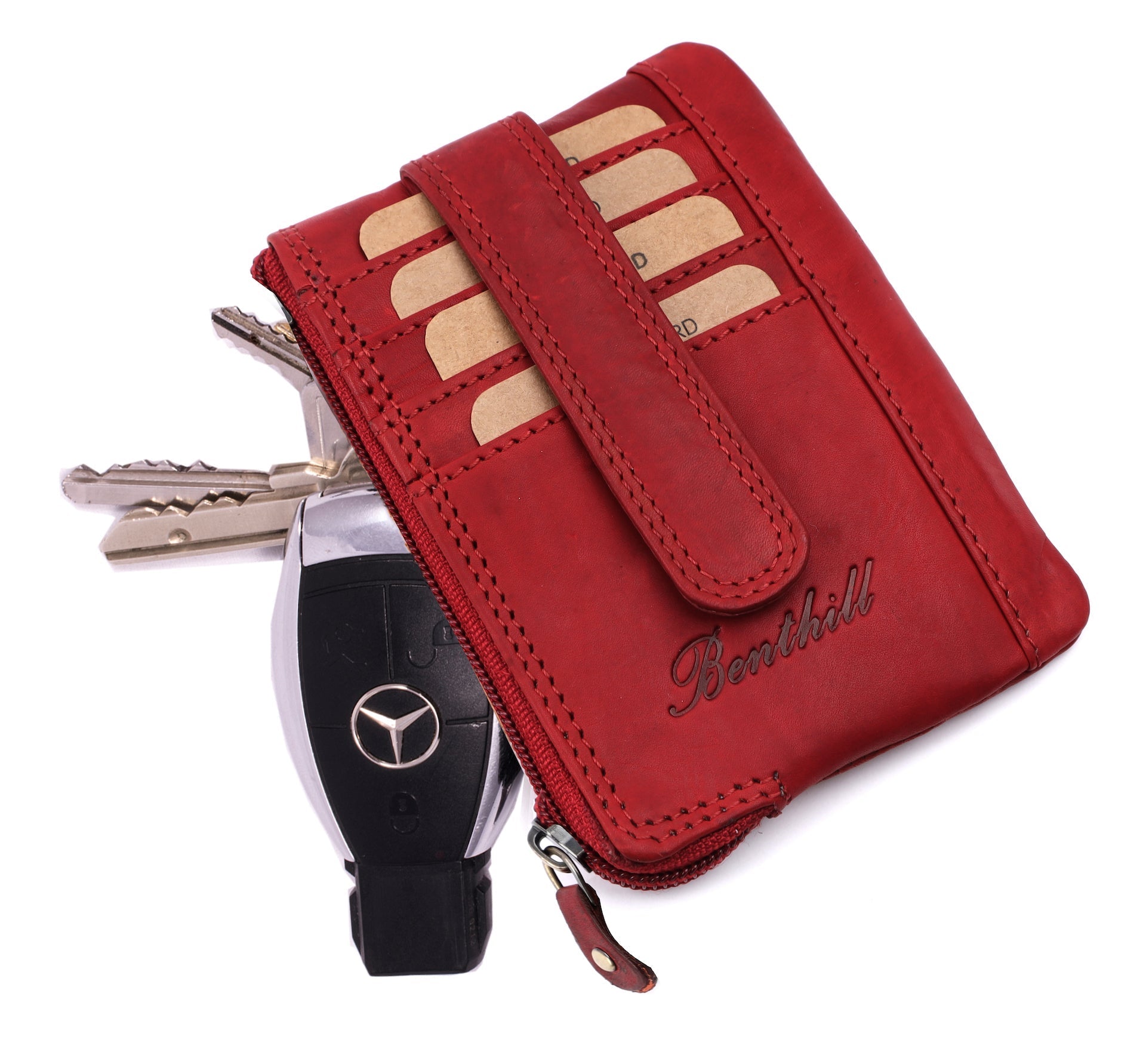 Benthill Schlüsseletui Leder Damen & Herren | Schlüsselmäpchen mit Kartenfächern | Schlüsseltasche als Mini-Börse mit Münzfach inkl. Geschenkbox