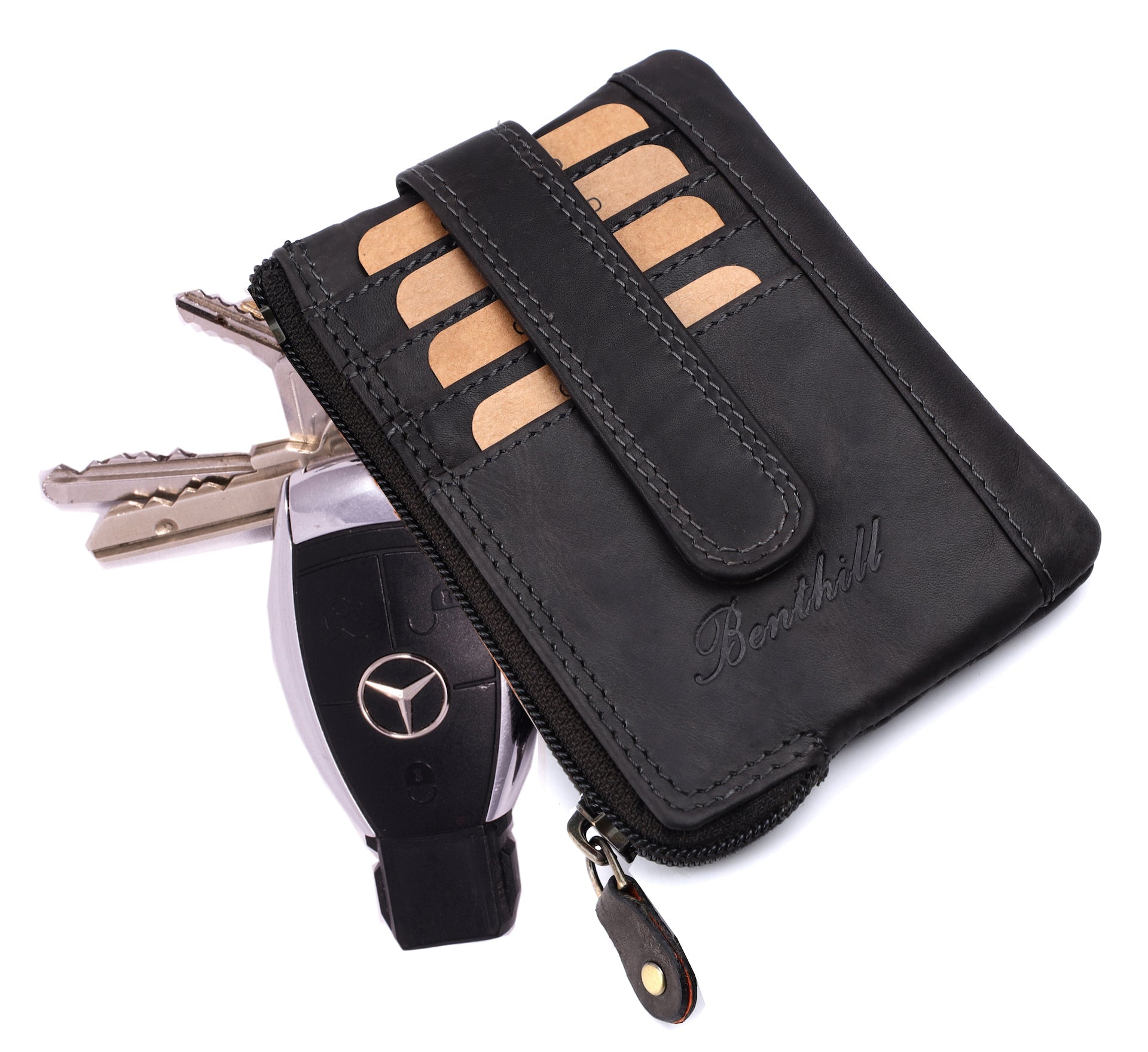 Benthill Schlüsseletui Leder Damen & Herren | Schlüsselmäpchen mit Kartenfächern | Schlüsseltasche als Mini-Börse mit Münzfach inkl. Geschenkbox