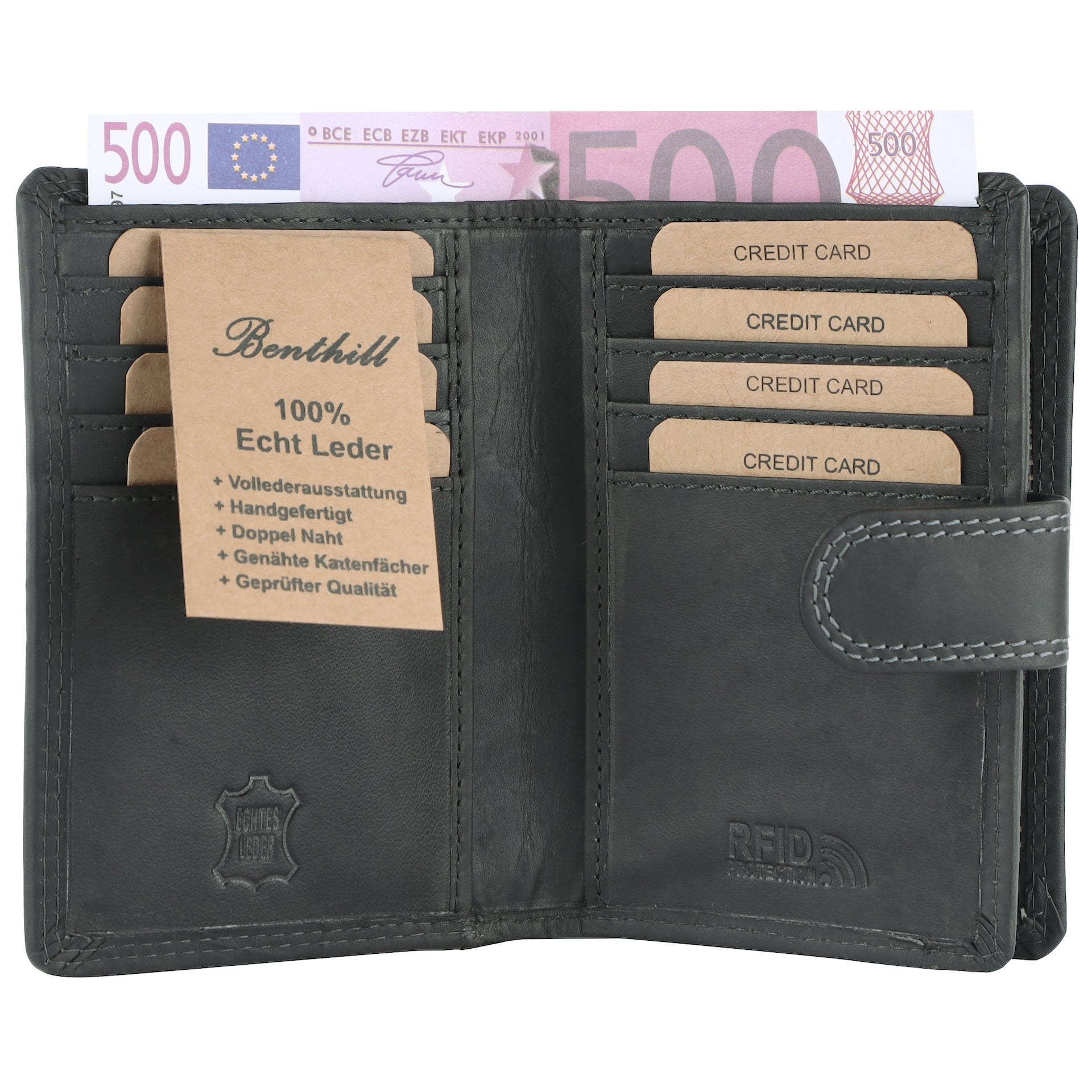 Benthill Geldbörse Damen Leder | Geldbeutel mit RFID Schutz aus Rindsleder | Portmonee mit 8 Kartenfächer Mittelgroß | Echt Leder Slim-Wallet Vintage inkl. Geschenkbox