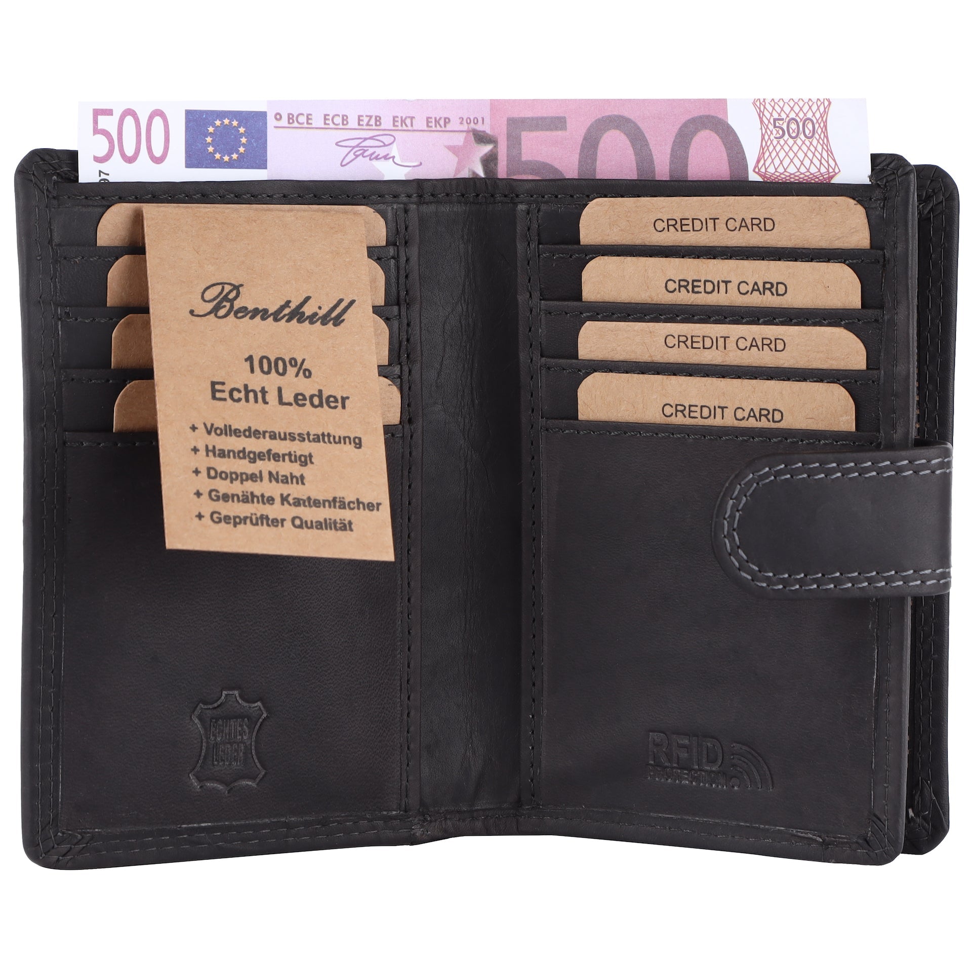 Benthill Geldbörse Damen Leder | Geldbeutel mit RFID Schutz aus Rindsleder | Portmonee mit 8 Kartenfächer Mittelgroß | Echt Leder Slim-Wallet Vintage inkl. Geschenkbox