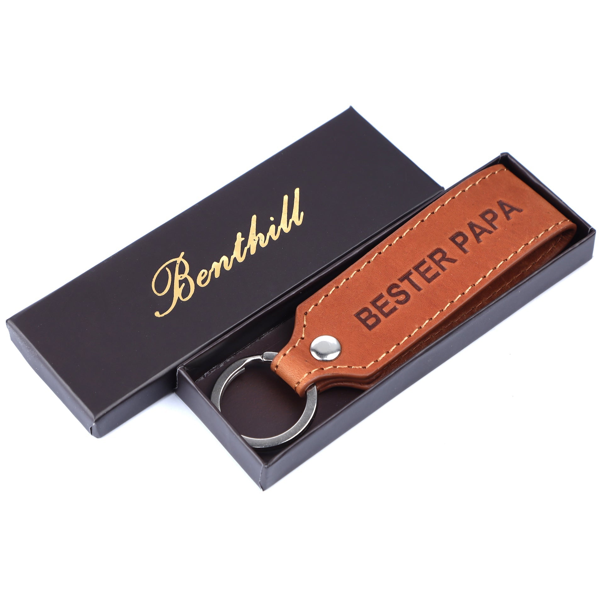 Benthill Schlüsselanhänger Echt Leder mit Bester Papa Gravur | Geschenk für Papa | Vatertagsgeschenk - Schlüsselbund inkl. Geschenkbox