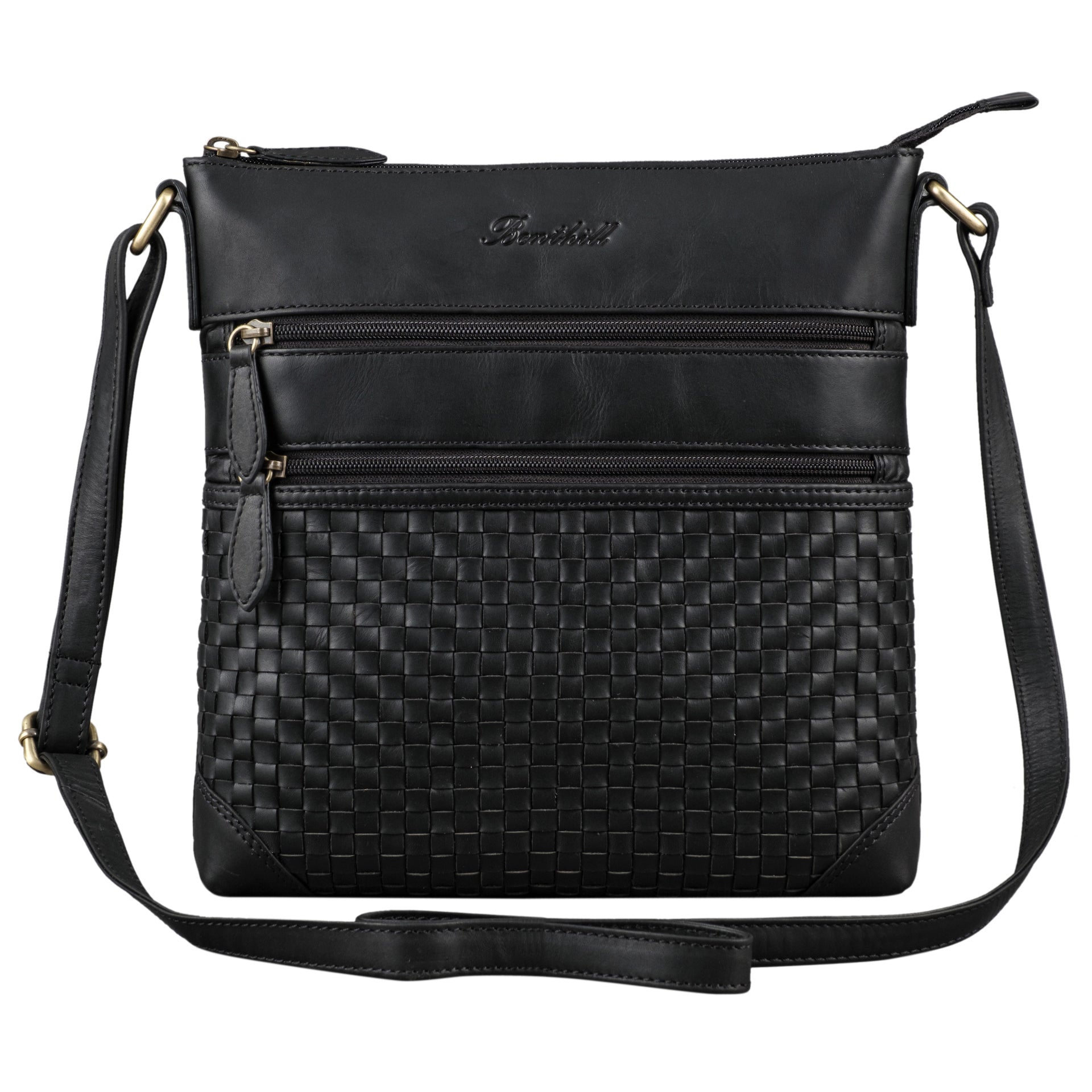 Benthill Echt Leder Umhängetasche | Damen Schultertasche aus Rindsleder | Schmale Vintage Damen Handtasche mit geflochtenem Muster