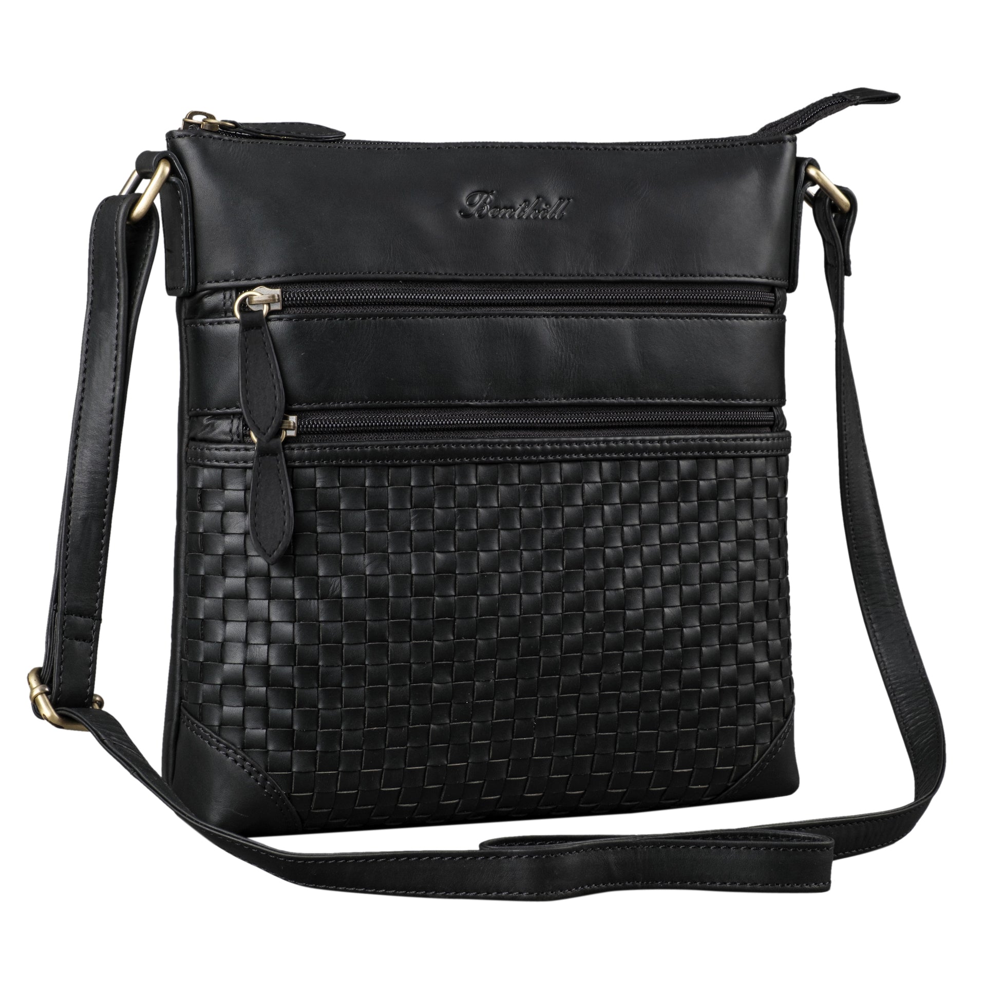 Benthill Echt Leder Umhängetasche | Damen Schultertasche aus Rindsleder | Schmale Vintage Damen Handtasche mit geflochtenem Muster
