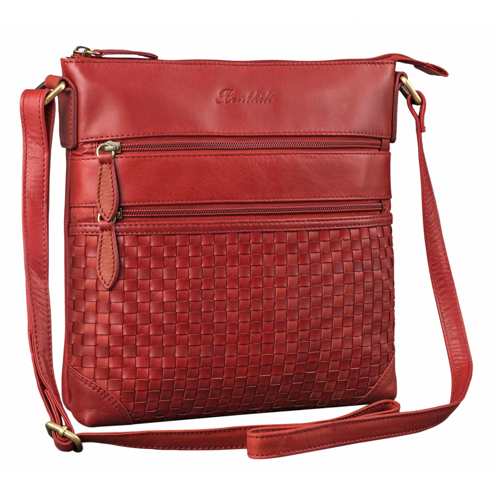Benthill Echt Leder Umhängetasche | Damen Schultertasche aus Rindsleder | Schmale Vintage Damen Handtasche mit geflochtenem Muster