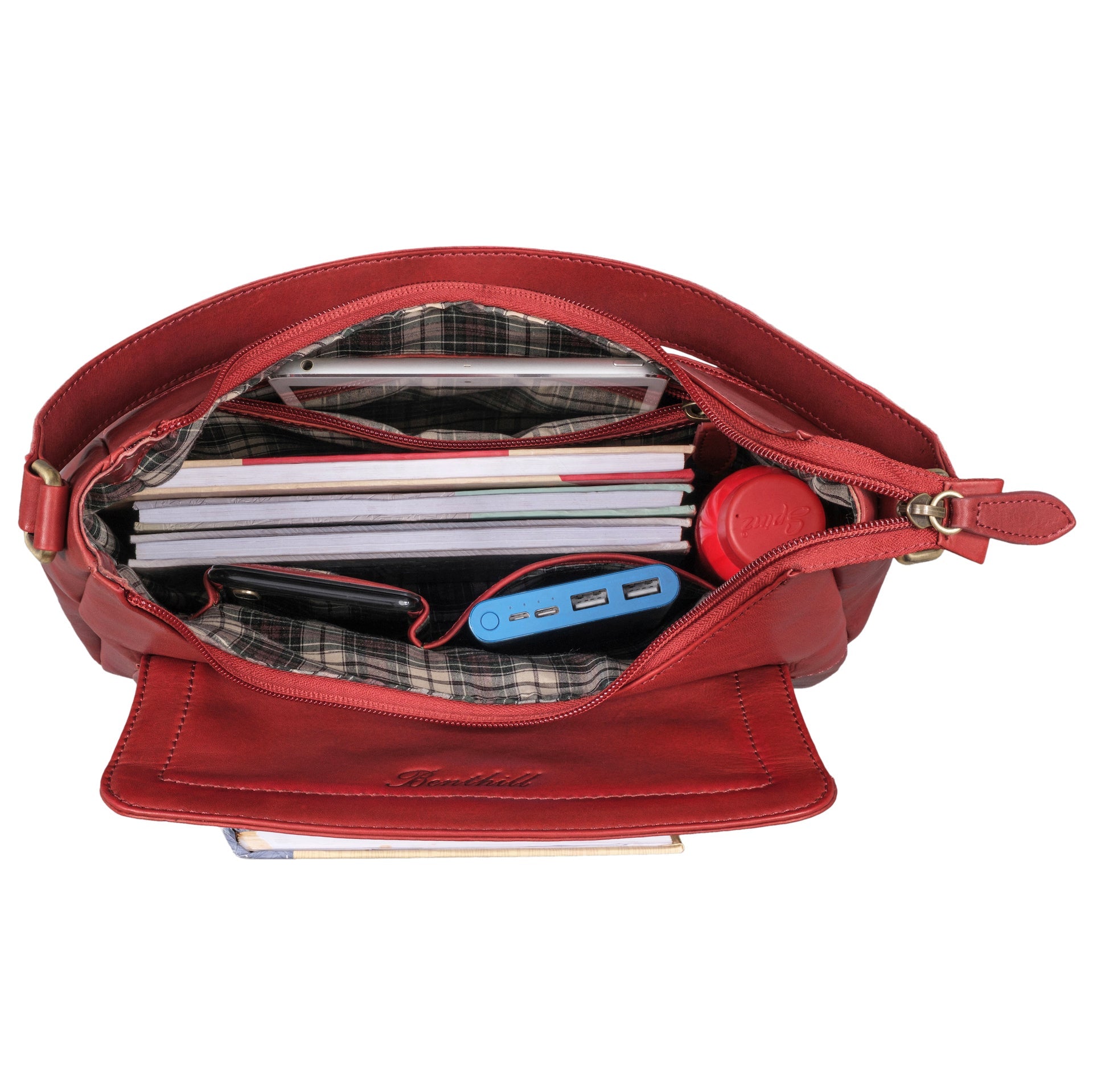 Benthill Handtasche Damen Echt Leder | Schultertasche aus echtem Rindsleder | Umhängetasche mit Reißverschluss | Ledertasche mit Henkel & Umhängegurt