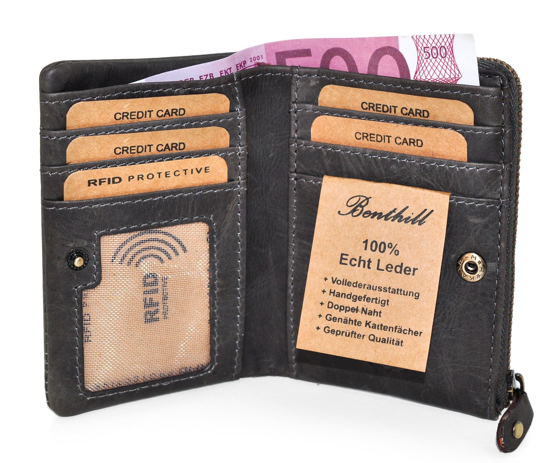 Benthill Kleine Geldbörse Echt Leder - Damen Geldbeutel mit RFID Schutz - 6 Kartenfächer - Slim-Wallet inkl. Geschenkbox
