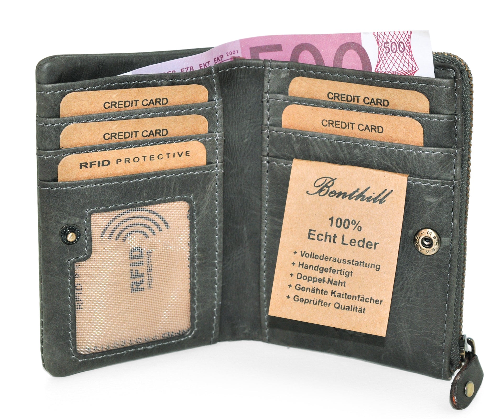 Benthill Kleine Geldbörse Echt Leder - Damen Geldbeutel mit RFID Schutz - 6 Kartenfächer - Slim-Wallet inkl. Geschenkbox