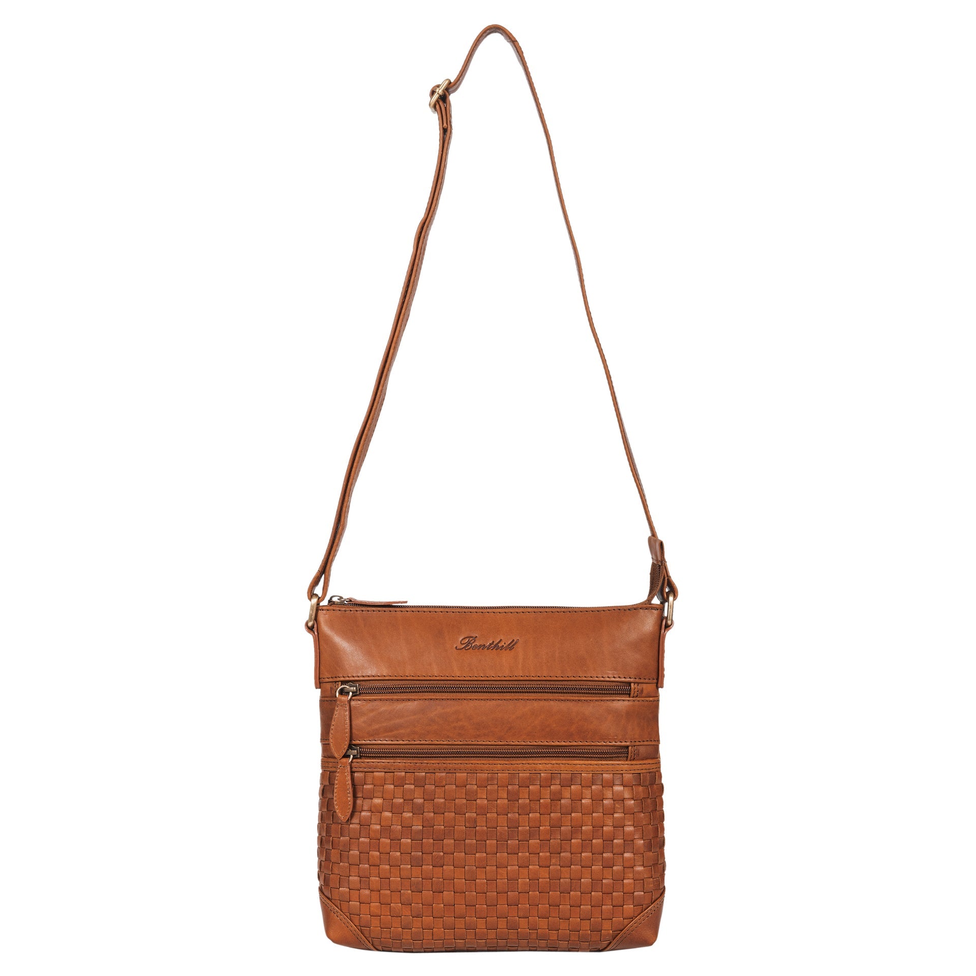 Benthill Echt Leder Umhängetasche | Damen Schultertasche aus Rindsleder | Schmale Vintage Damen Handtasche mit geflochtenem Muster